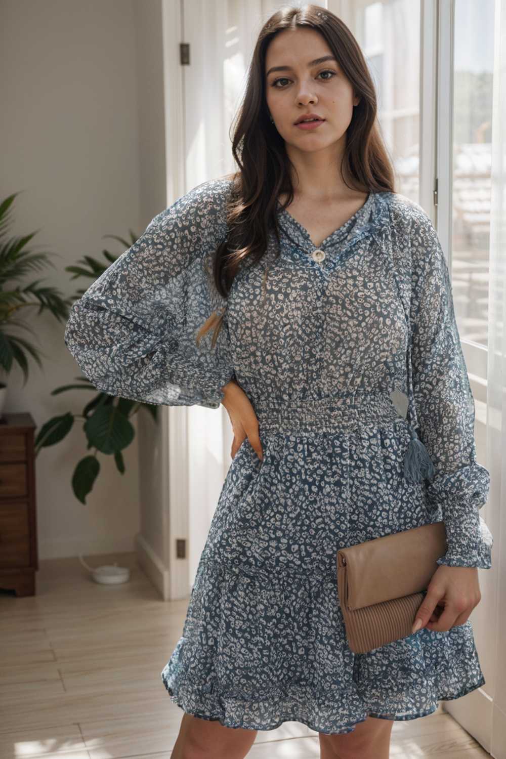 loose leopard print v neck dress drop shoulder a line closed cape paneled 142352