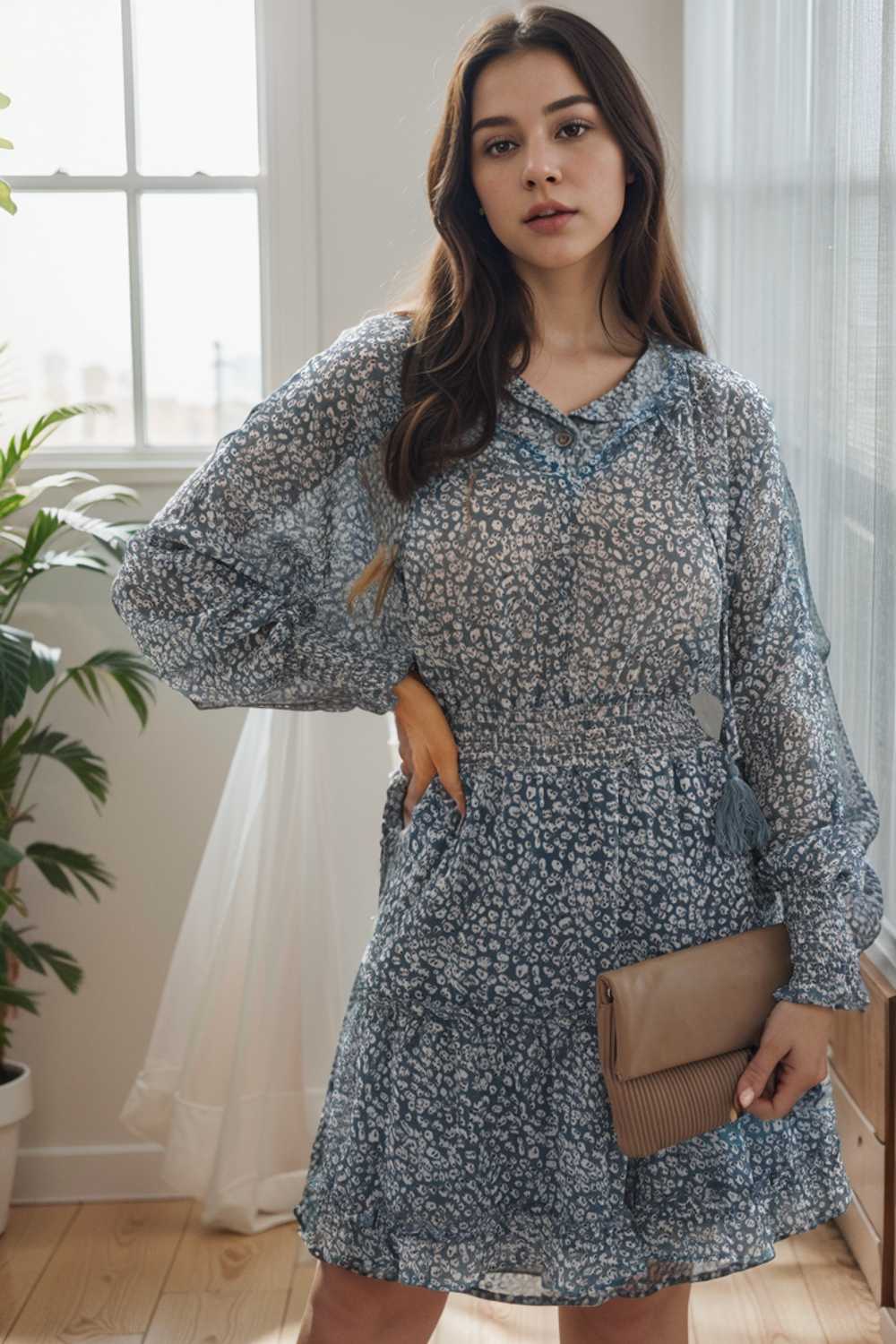loose leopard print v neck dress drop shoulder a line closed cape paneled 133878
