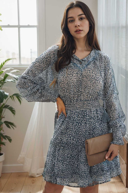loose leopard print v neck dress drop shoulder a line closed cape paneled 133878
