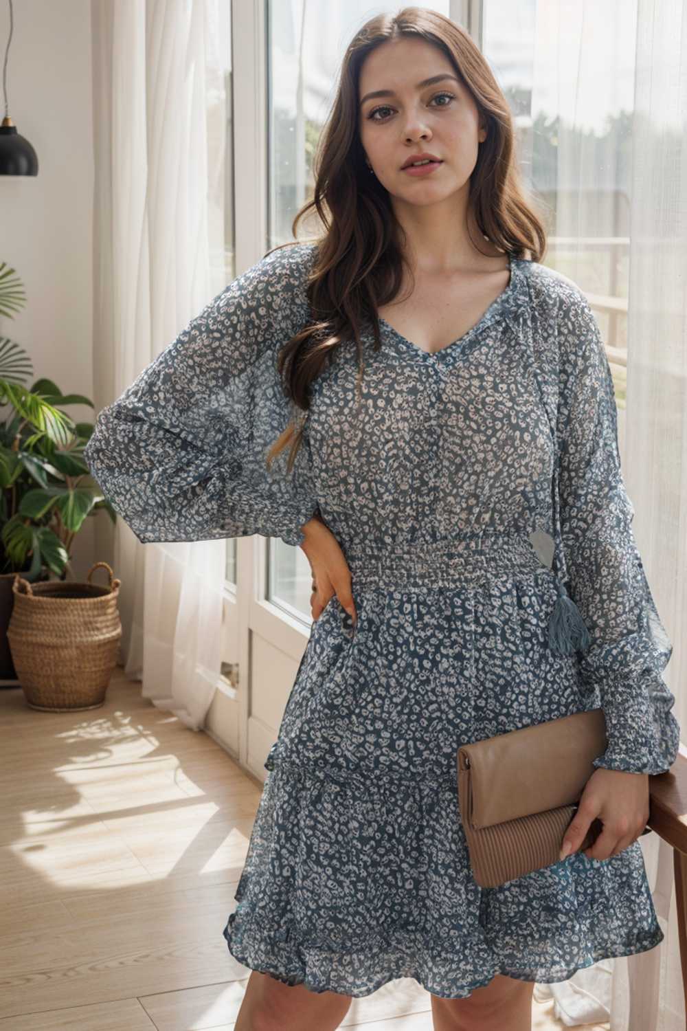 loose leopard print v neck dress drop shoulder a line closed cape paneled 111821