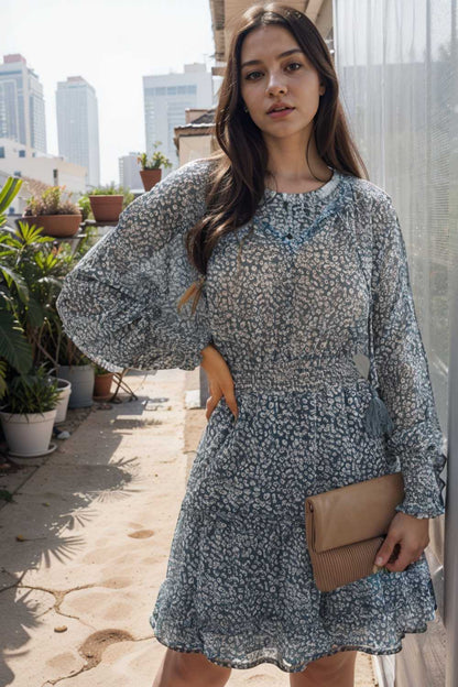 loose leopard print v neck dress drop shoulder a line closed cape paneled 115702