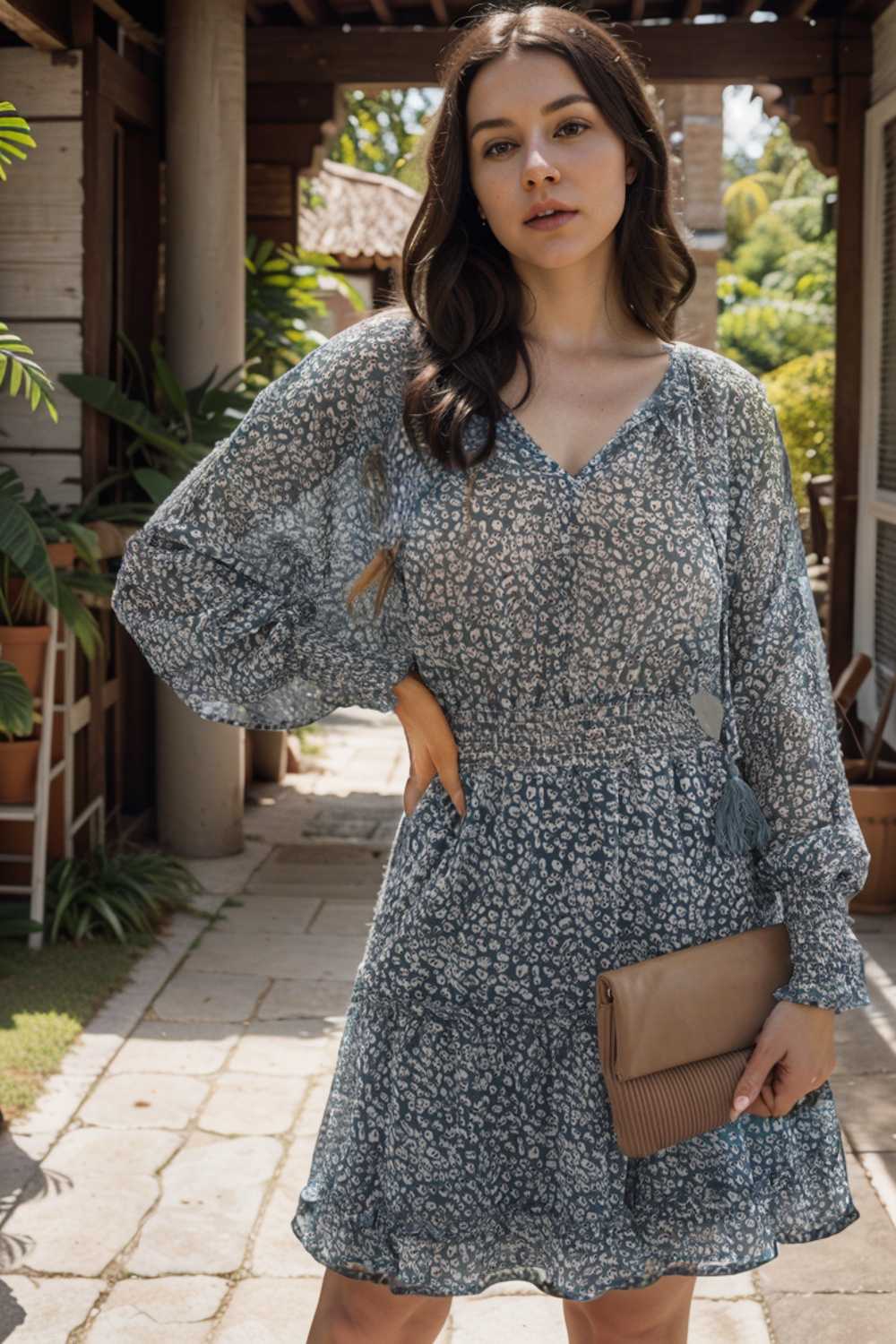 loose leopard print v neck dress drop shoulder a line closed cape paneled 133717