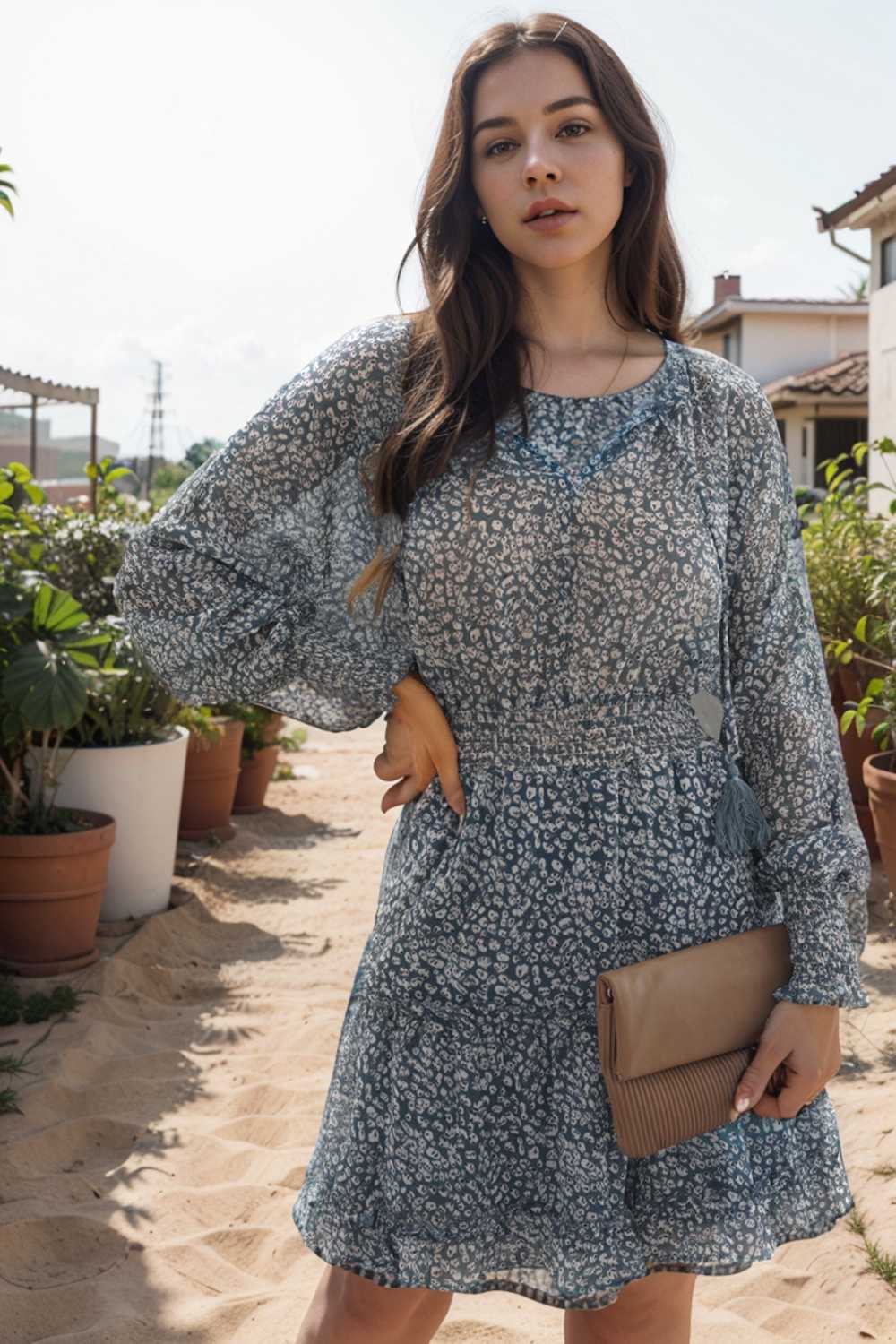 loose leopard print v neck dress drop shoulder a line closed cape paneled 133877