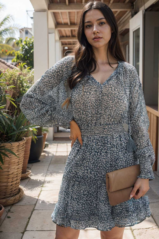 loose leopard print v neck dress drop shoulder a line closed cape paneled 115084