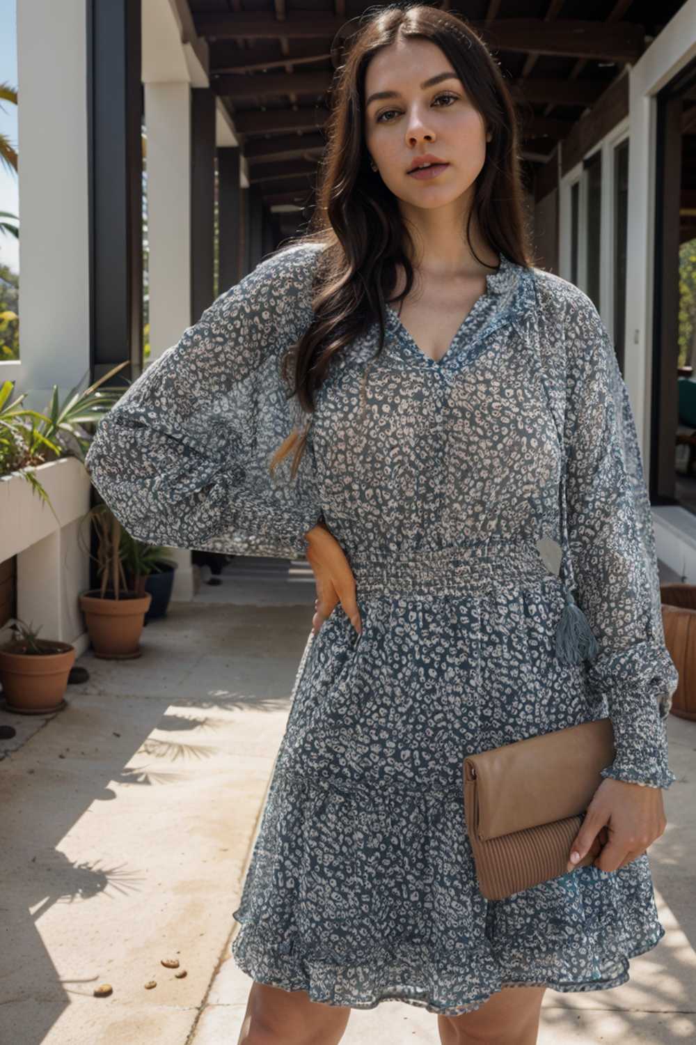 loose leopard print v neck dress drop shoulder a line closed cape paneled 133716