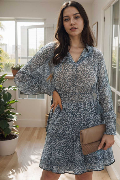 loose leopard print v neck dress drop shoulder a line closed cape paneled 130349