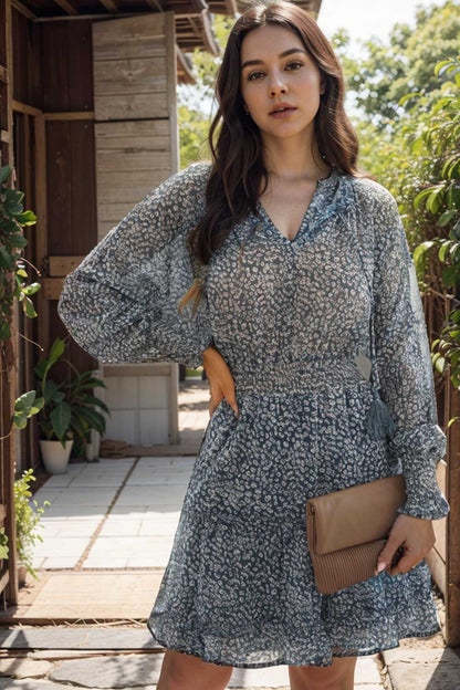 loose leopard print v neck dress drop shoulder a line closed cape paneled 133715
