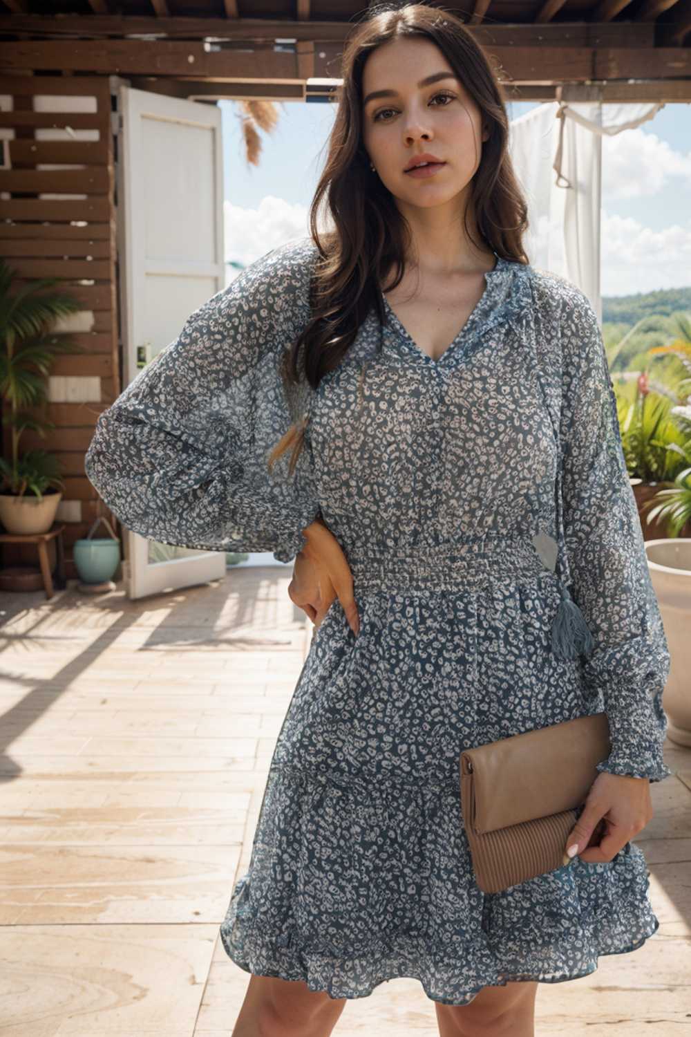 loose leopard print v neck dress drop shoulder a line closed cape paneled 109865