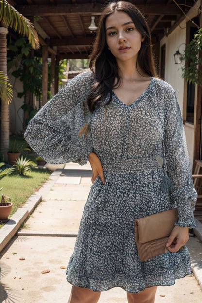 loose leopard print v neck dress drop shoulder a line closed cape paneled 115699