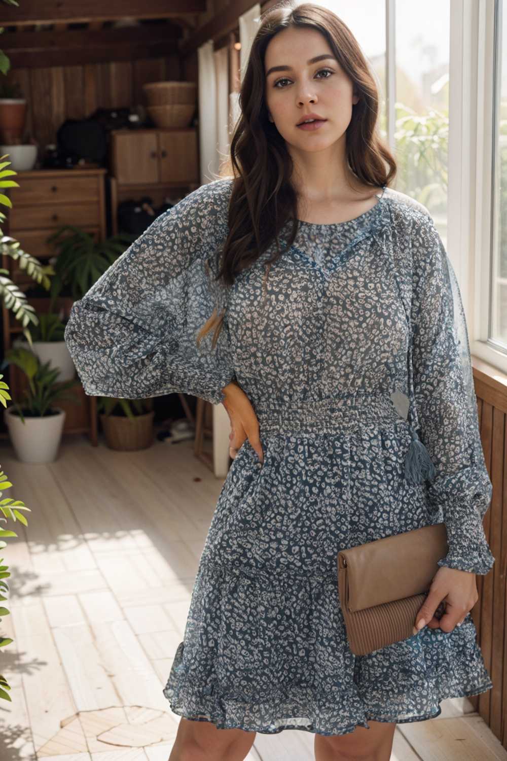loose leopard print v neck dress drop shoulder a line closed cape paneled 133874