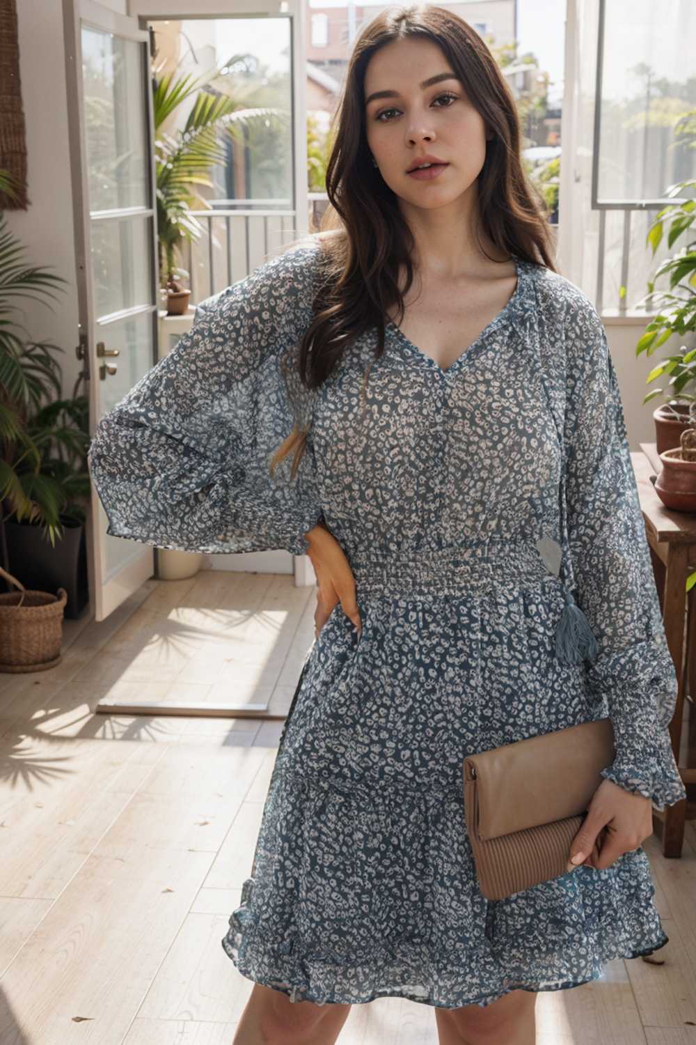loose leopard print v neck dress drop shoulder a line closed cape paneled 133714