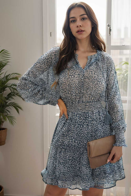 loose leopard print v neck dress drop shoulder a line closed cape paneled 109864