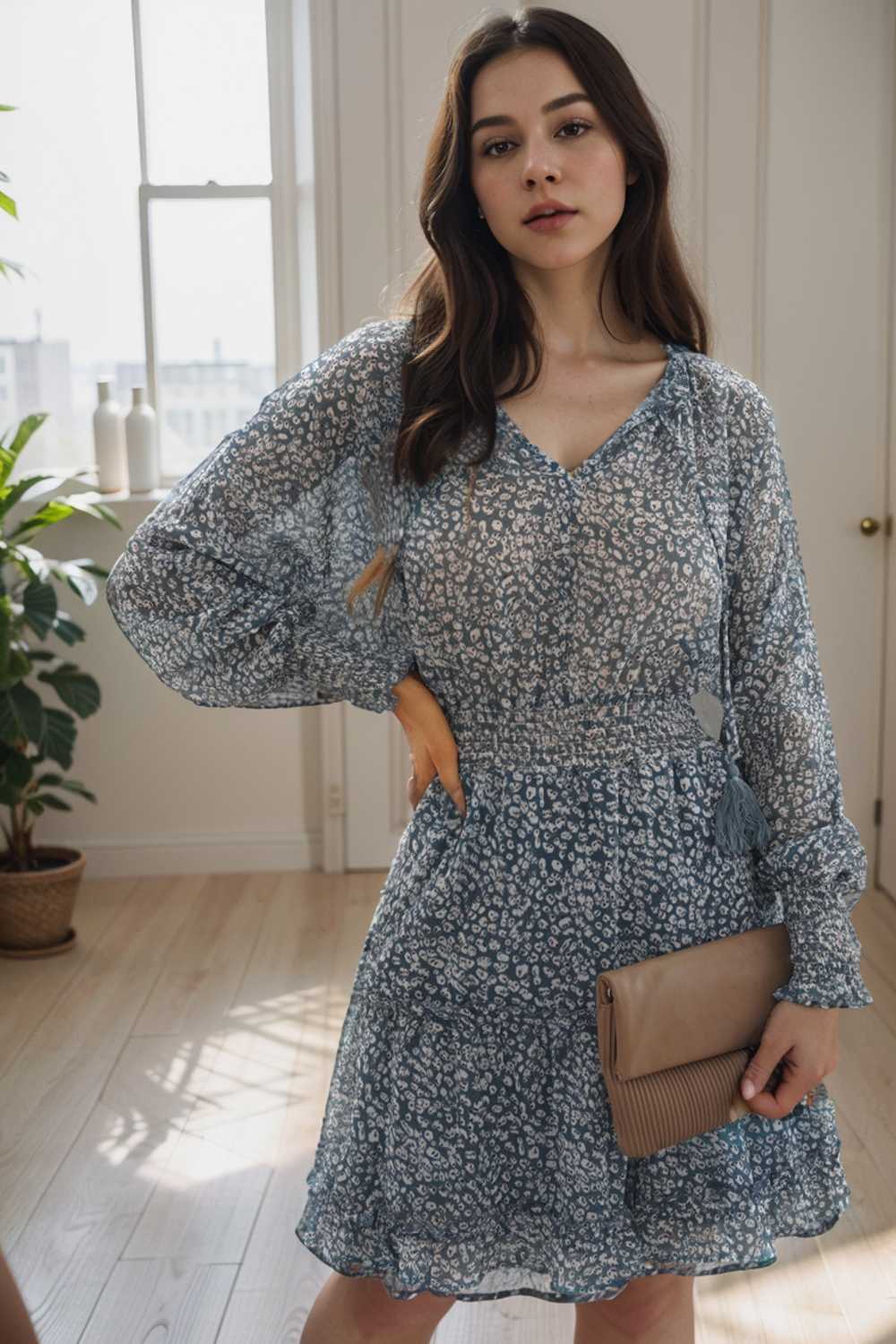 loose leopard print v neck dress drop shoulder a line closed cape paneled 133873