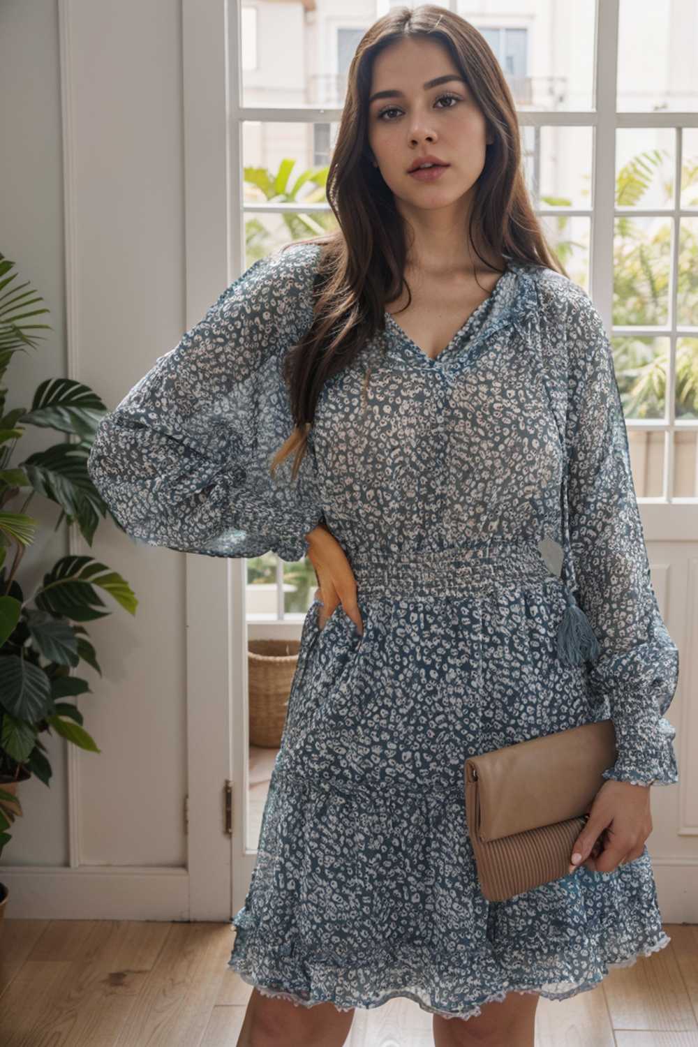 loose leopard print v neck dress drop shoulder a line closed cape paneled 133871
