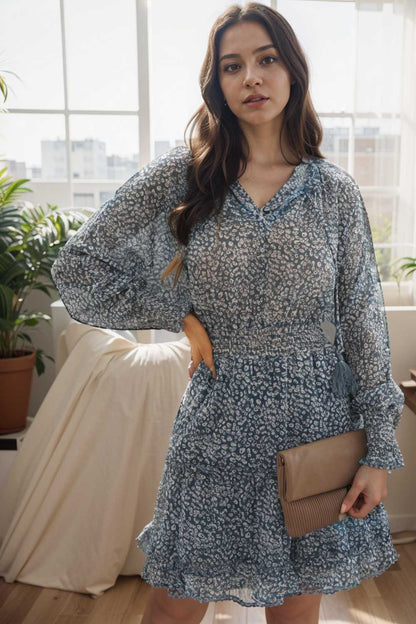 loose leopard print v neck dress drop shoulder a line closed cape paneled 130345