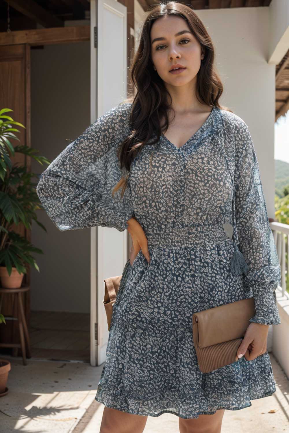 loose leopard print v neck dress drop shoulder a line closed cape paneled 133710