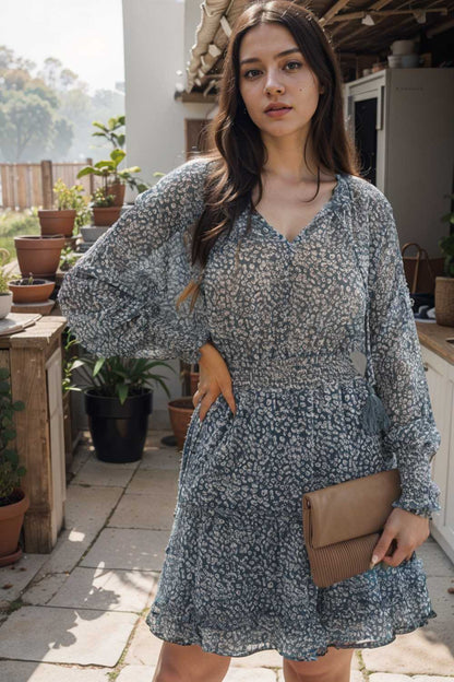 loose leopard print v neck dress drop shoulder a line closed cape paneled 117607