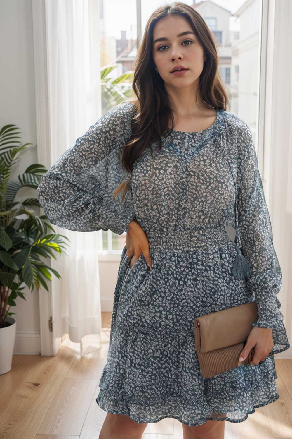 loose leopard print v neck dress drop shoulder a line closed cape paneled 133870