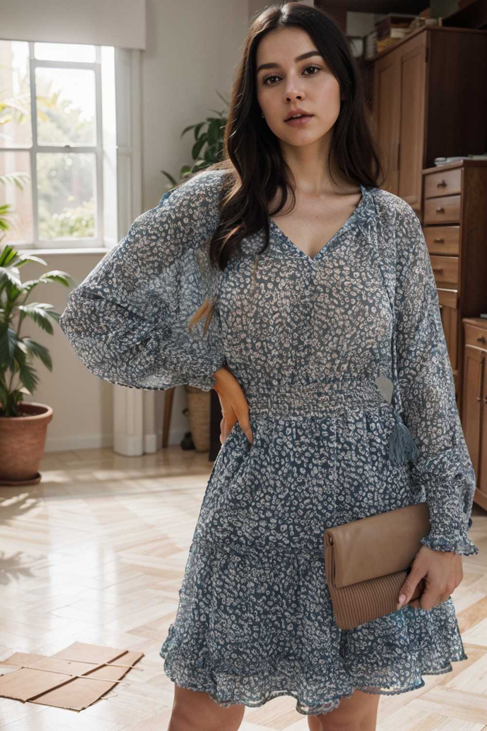 loose leopard print v neck dress drop shoulder a line closed cape paneled 133869