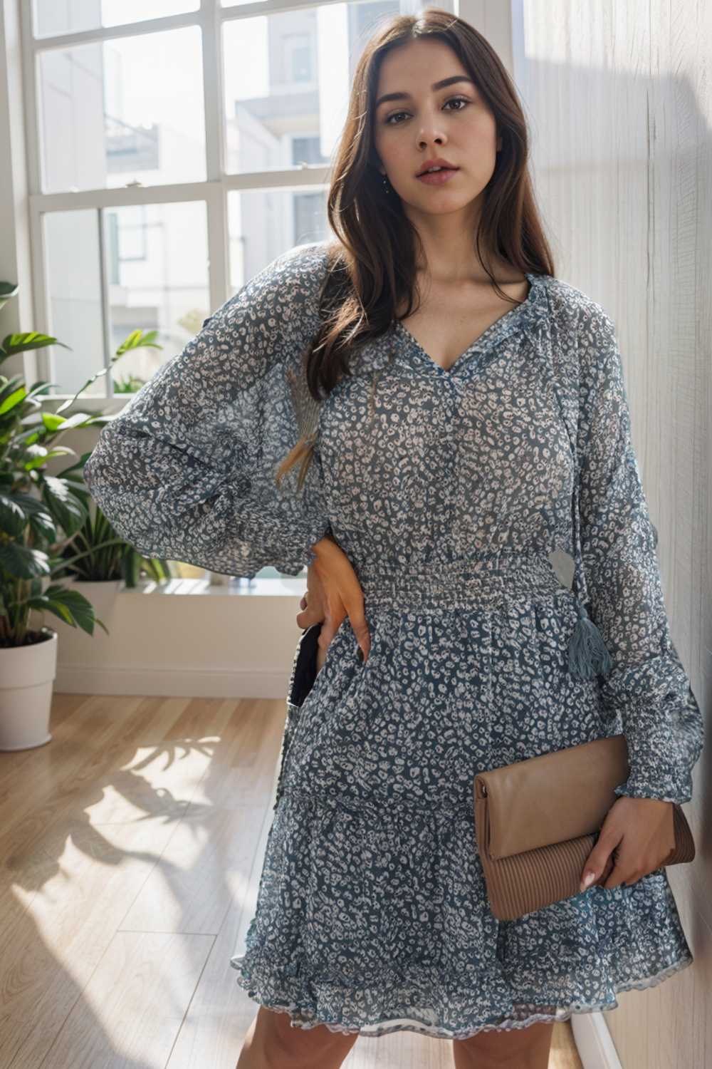 loose leopard print v neck dress drop shoulder a line closed cape paneled 133709