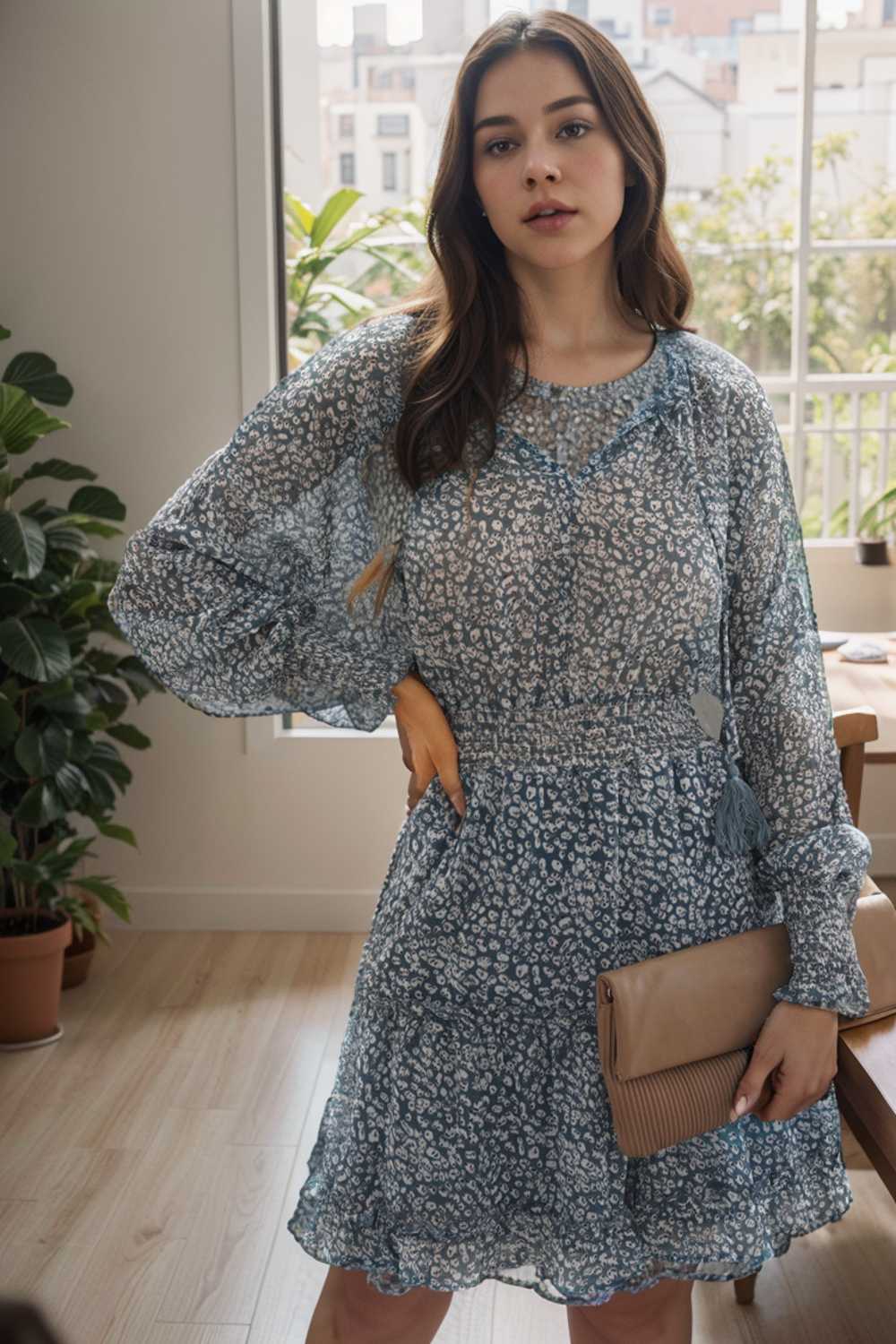 loose leopard print v neck dress drop shoulder a line closed cape paneled 133708