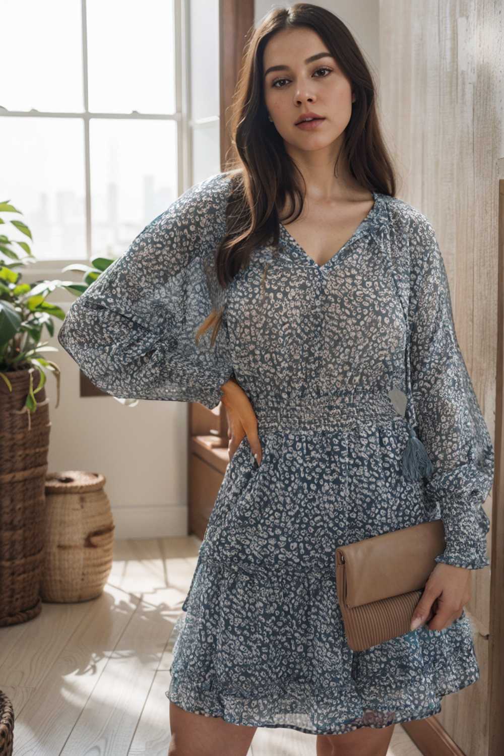 loose leopard print v neck dress drop shoulder a line closed cape paneled 133868
