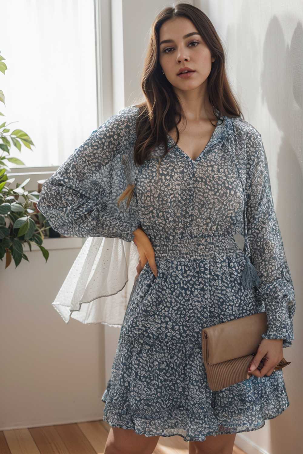 loose leopard print v neck dress drop shoulder a line closed cape paneled 133866