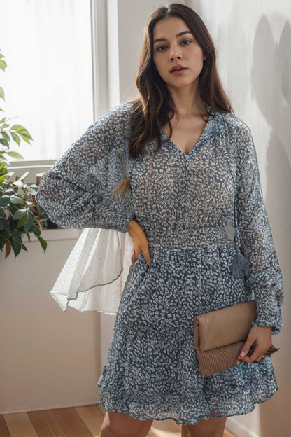 loose leopard print v neck dress drop shoulder a line closed cape paneled 133866