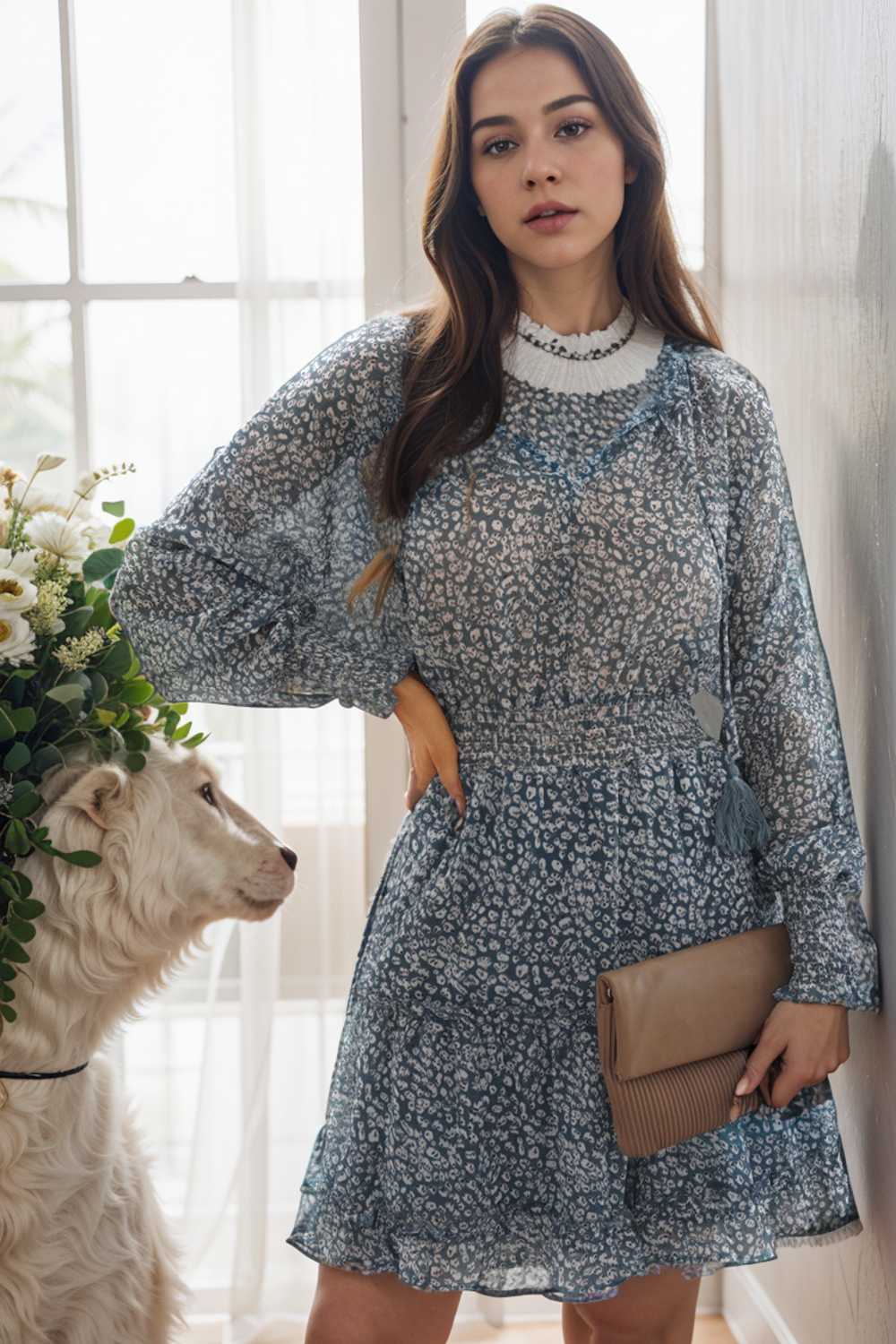 loose leopard print v neck dress drop shoulder a line closed cape paneled 133865