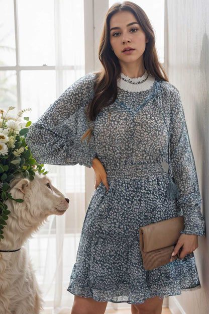 loose leopard print v neck dress drop shoulder a line closed cape paneled 133865