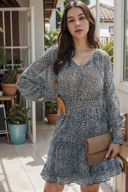 loose leopard print v neck dress drop shoulder a line closed cape paneled 109855