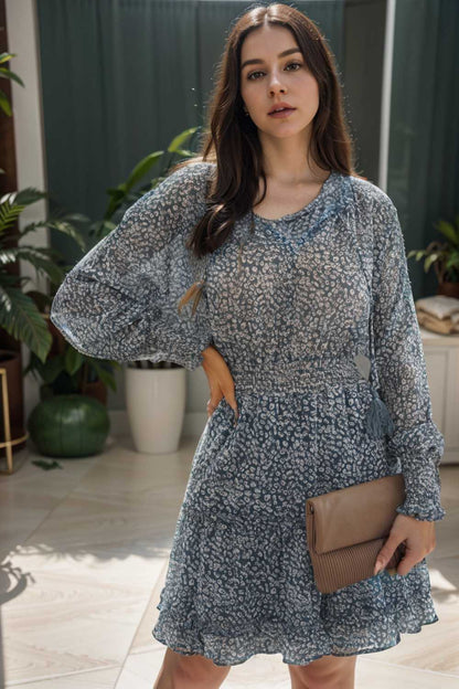 loose leopard print v neck dress drop shoulder a line closed cape paneled 109854