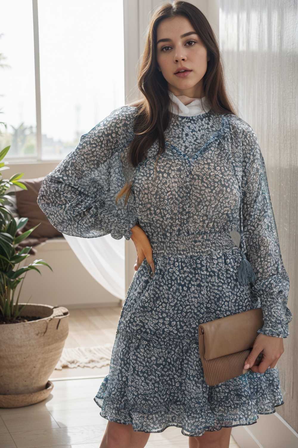 loose leopard print v neck dress drop shoulder a line closed cape paneled 133862