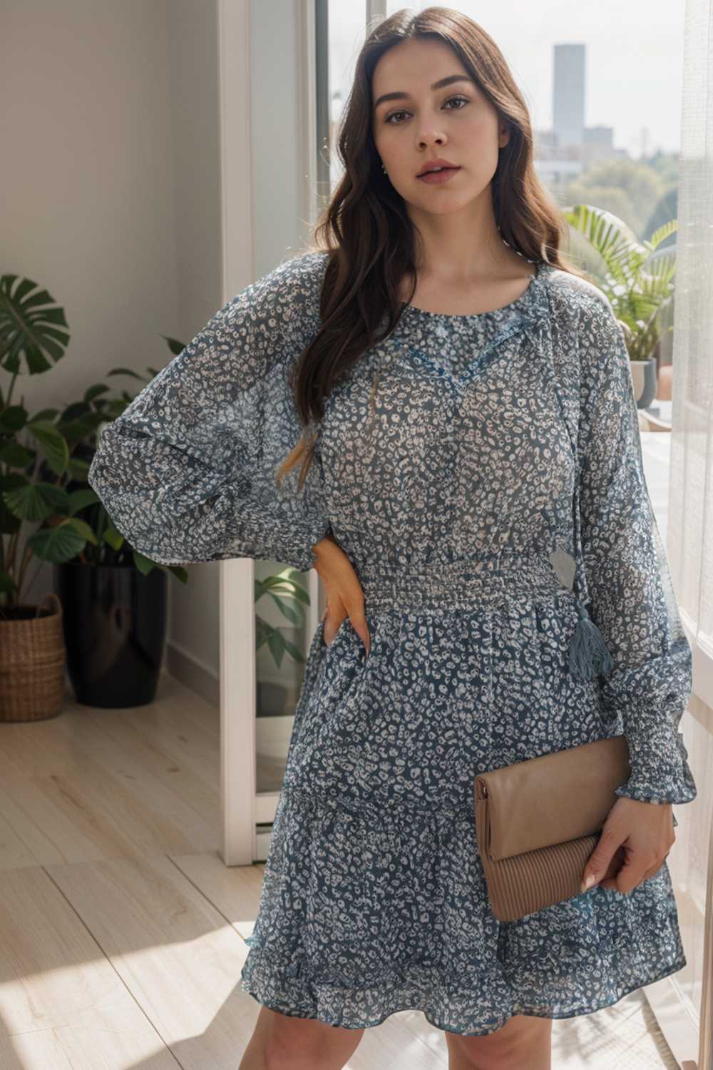 loose leopard print v neck dress drop shoulder a line closed cape paneled 133861