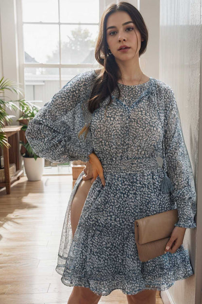 loose leopard print v neck dress drop shoulder a line closed cape paneled 109851