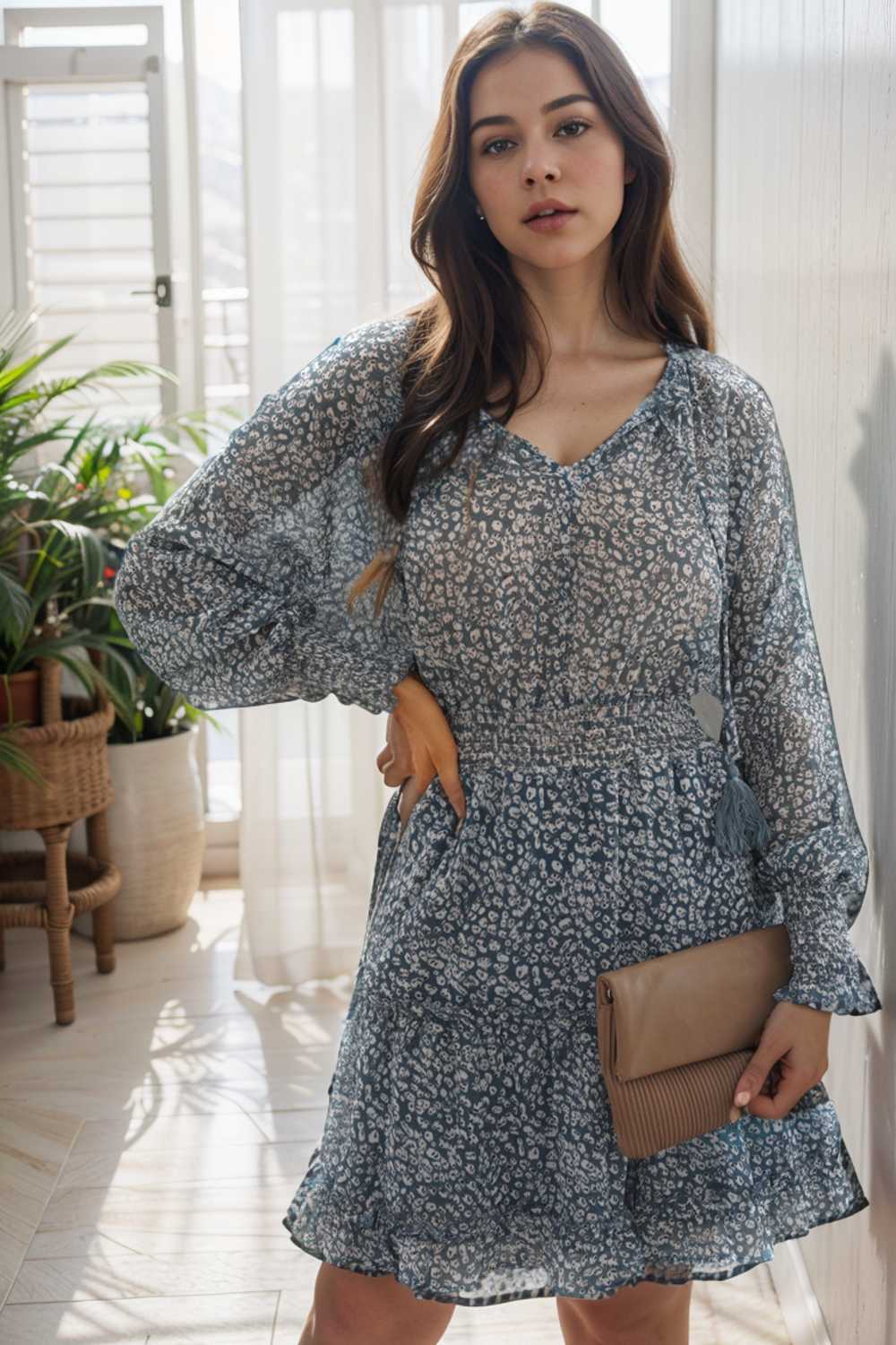 loose leopard print v neck dress drop shoulder a line closed cape paneled 133859