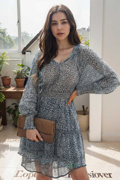 loose leopard print v neck dress drop shoulder a line closed cape paneled 108186