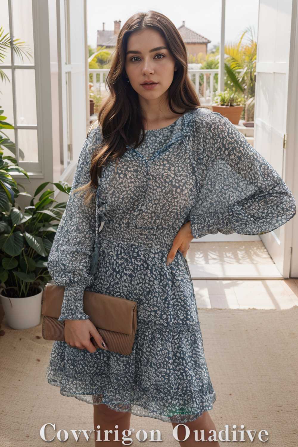 loose leopard print v neck dress drop shoulder a line closed cape paneled 131777
