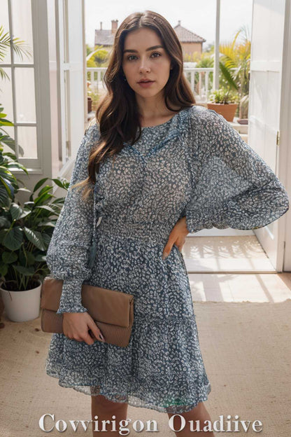 loose leopard print v neck dress drop shoulder a line closed cape paneled 131777