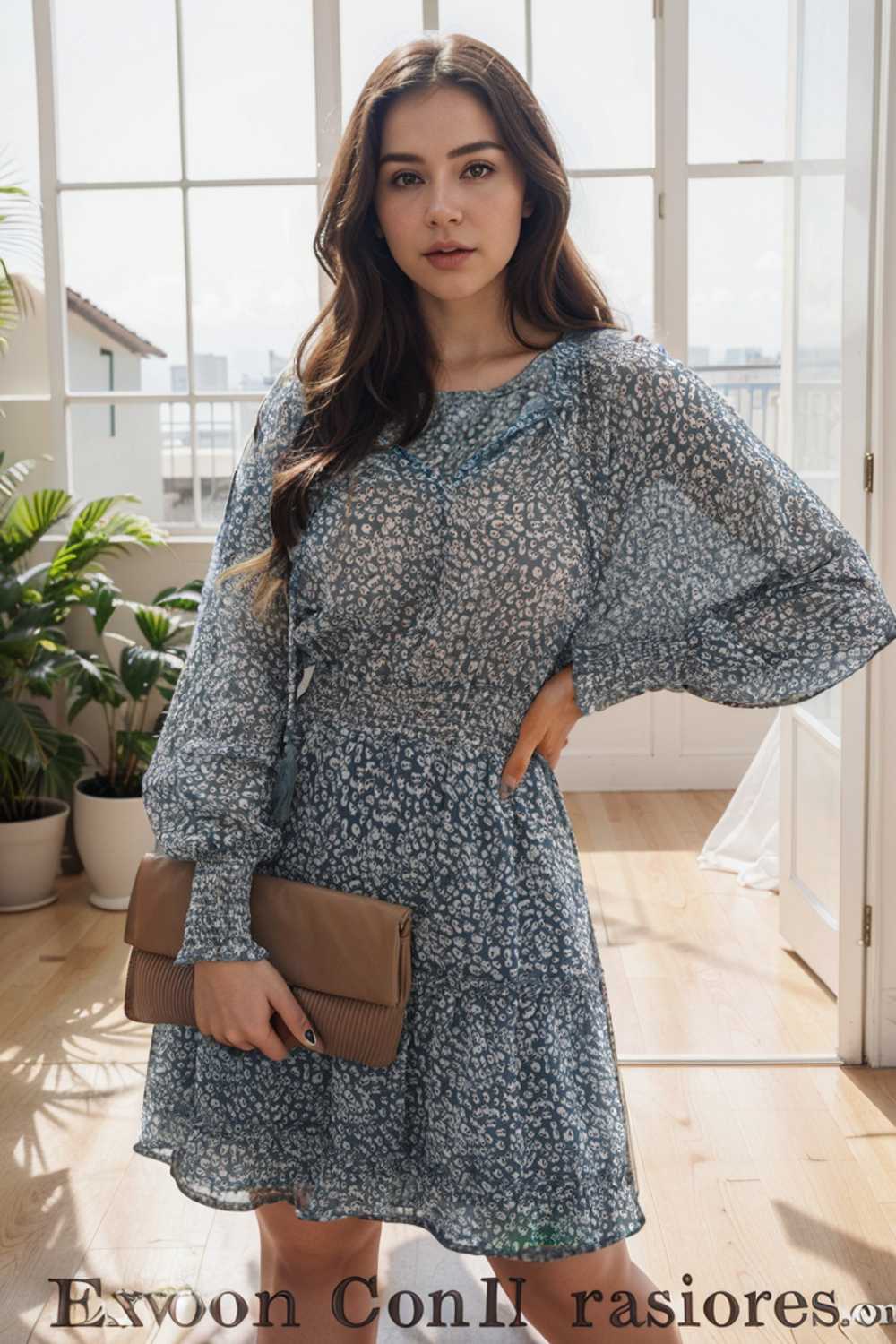 loose leopard print v neck dress drop shoulder a line closed cape paneled 109039