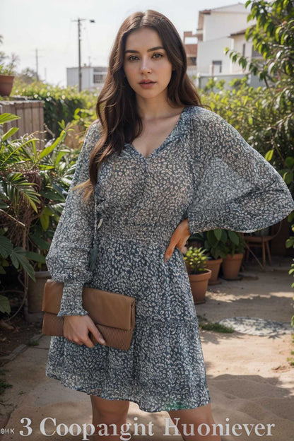 loose leopard print v neck dress drop shoulder a line closed cape paneled 135983