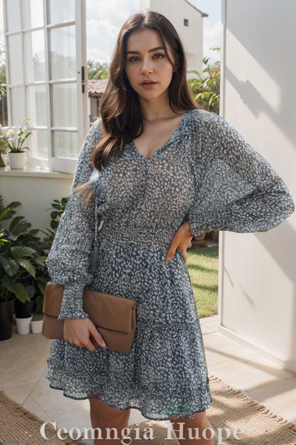 loose leopard print v neck dress drop shoulder a line closed cape paneled 108207