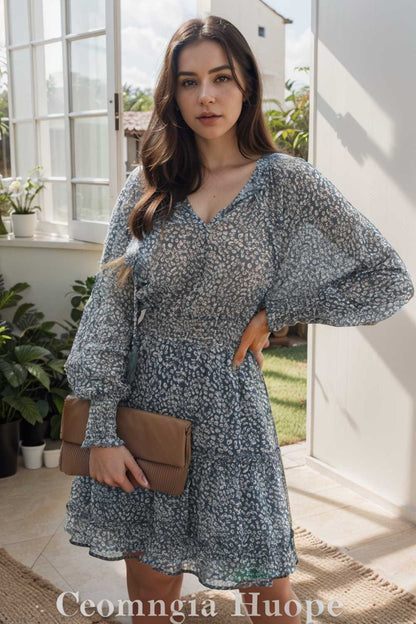 loose leopard print v neck dress drop shoulder a line closed cape paneled 108207