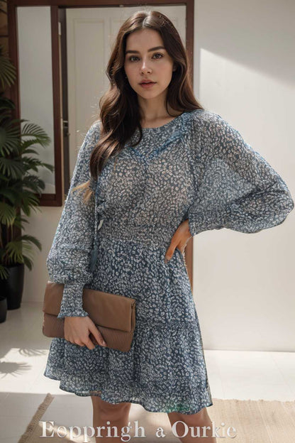 loose leopard print v neck dress drop shoulder a line closed cape paneled 109848