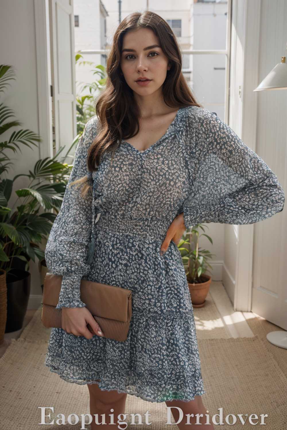 loose leopard print v neck dress drop shoulder a line closed cape paneled 133857