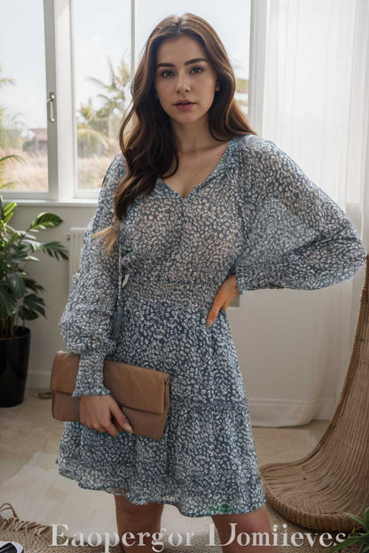 loose leopard print v neck dress drop shoulder a line closed cape paneled 109847