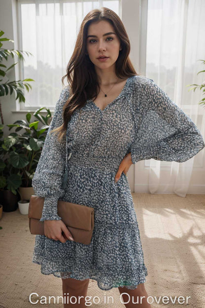 loose leopard print v neck dress drop shoulder a line closed cape paneled 110054