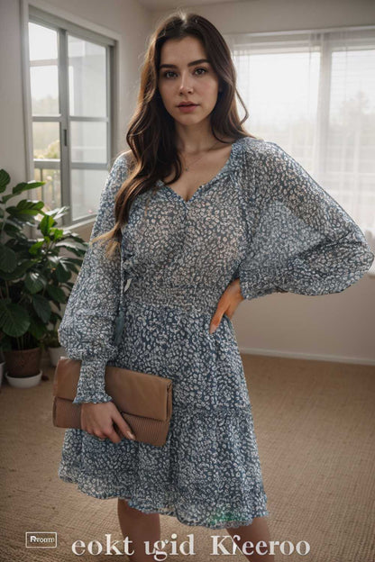 loose leopard print v neck dress drop shoulder a line closed cape paneled 131775