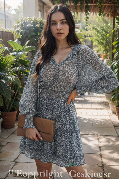 loose leopard print v neck dress drop shoulder a line closed cape paneled 133705