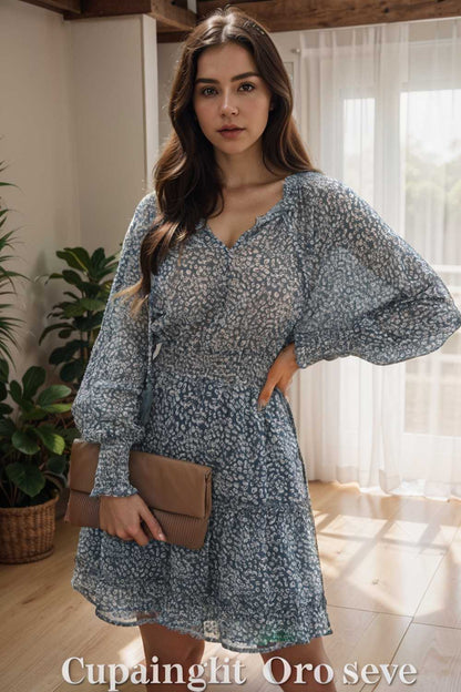 loose leopard print v neck dress drop shoulder a line closed cape paneled 109845